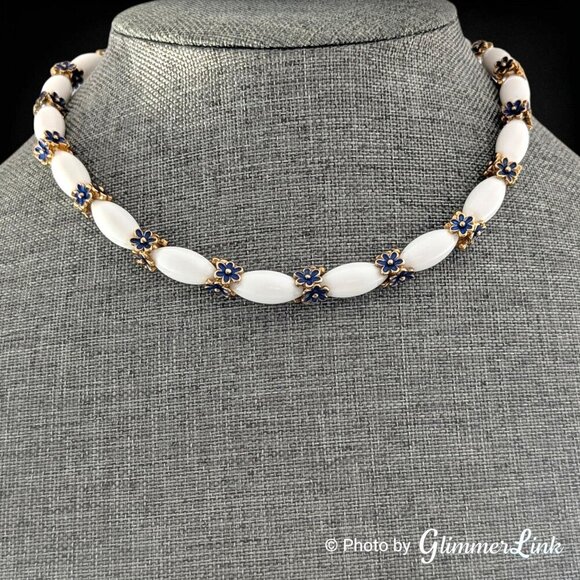 Trifari Jewelry - Vintage Crown Trifari Blue Enamel Floral Lucite Choker Necklace